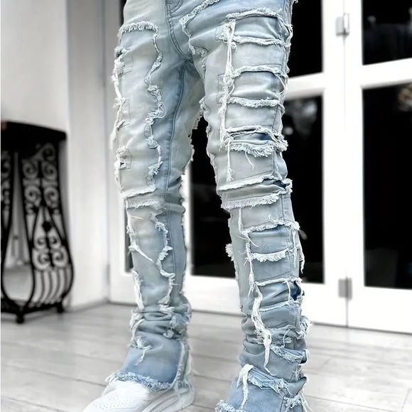 New Mens Stacked distressed grey ice build up Jeans pants - Picture 1 of 12